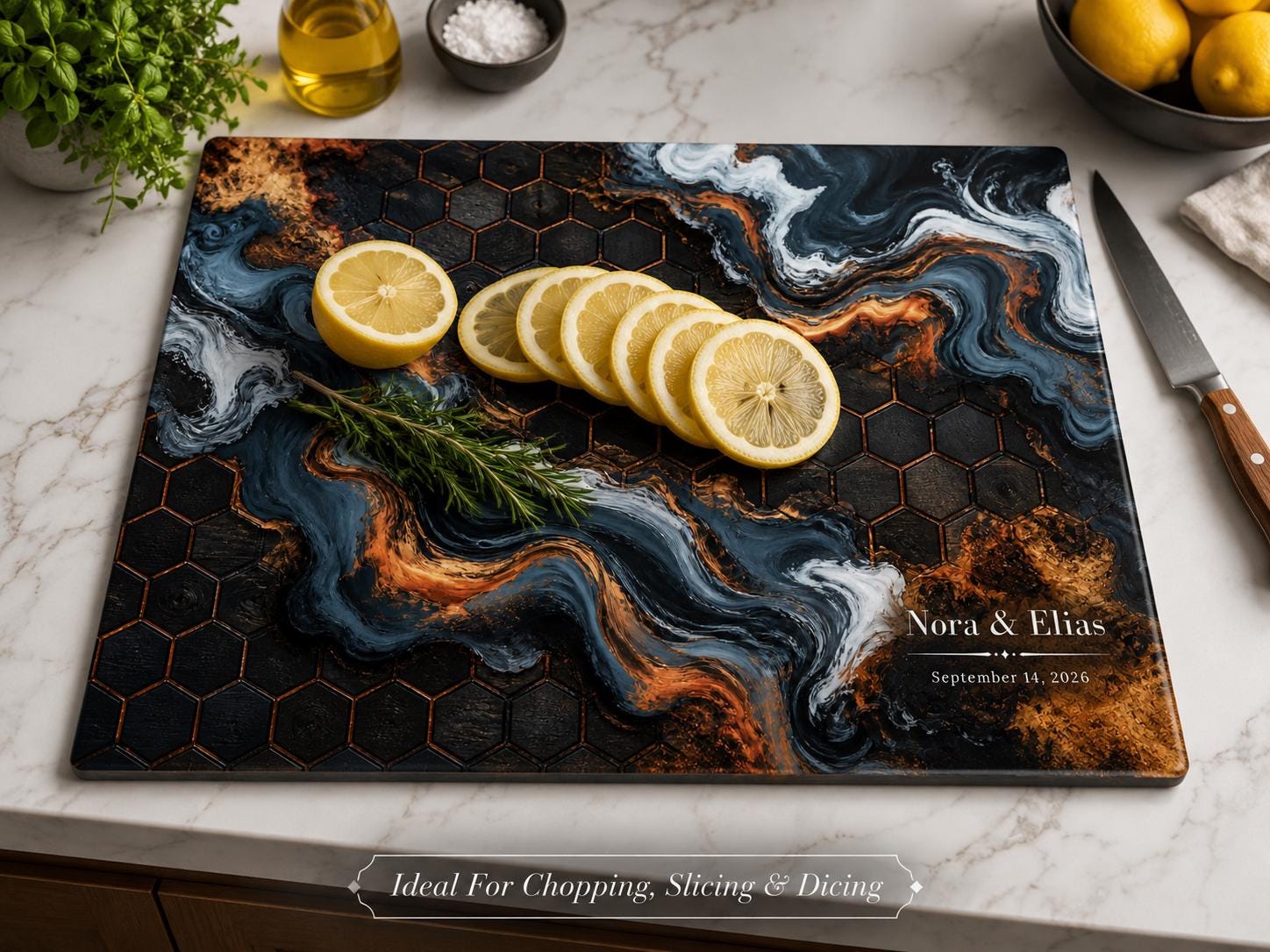 Custom Glass Cutting Board - Blue Resin Style with Gold Detail