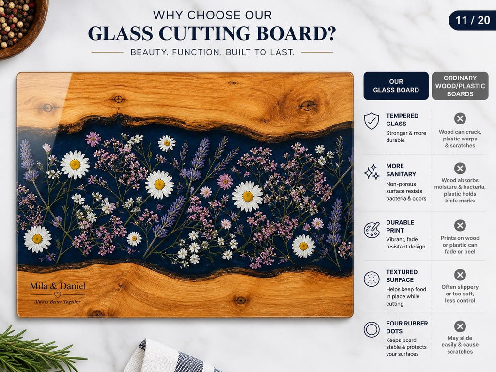 Personalized Glass Cutting Board, Blue Resin & Wood Design (8x11 or 11x15)