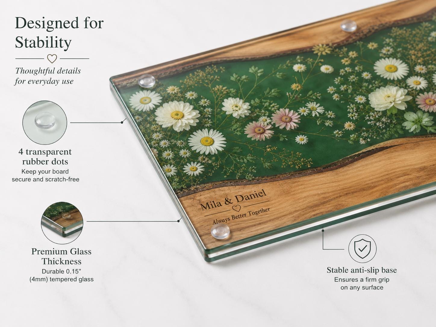 Personalized Floral Cutting Board, Green Daisy Glass Board, Custom Couple Kitchen Gift