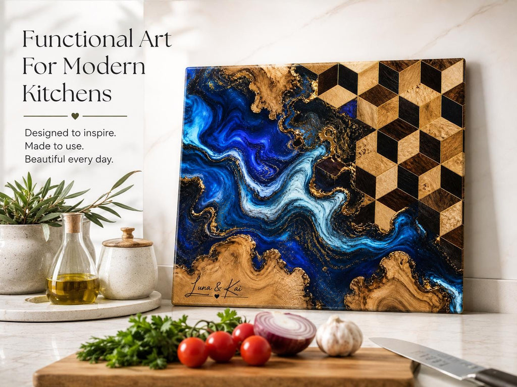 Personalized Glass Cutting Board, Blue Resin & Wood Design (8x11 or 11x15)