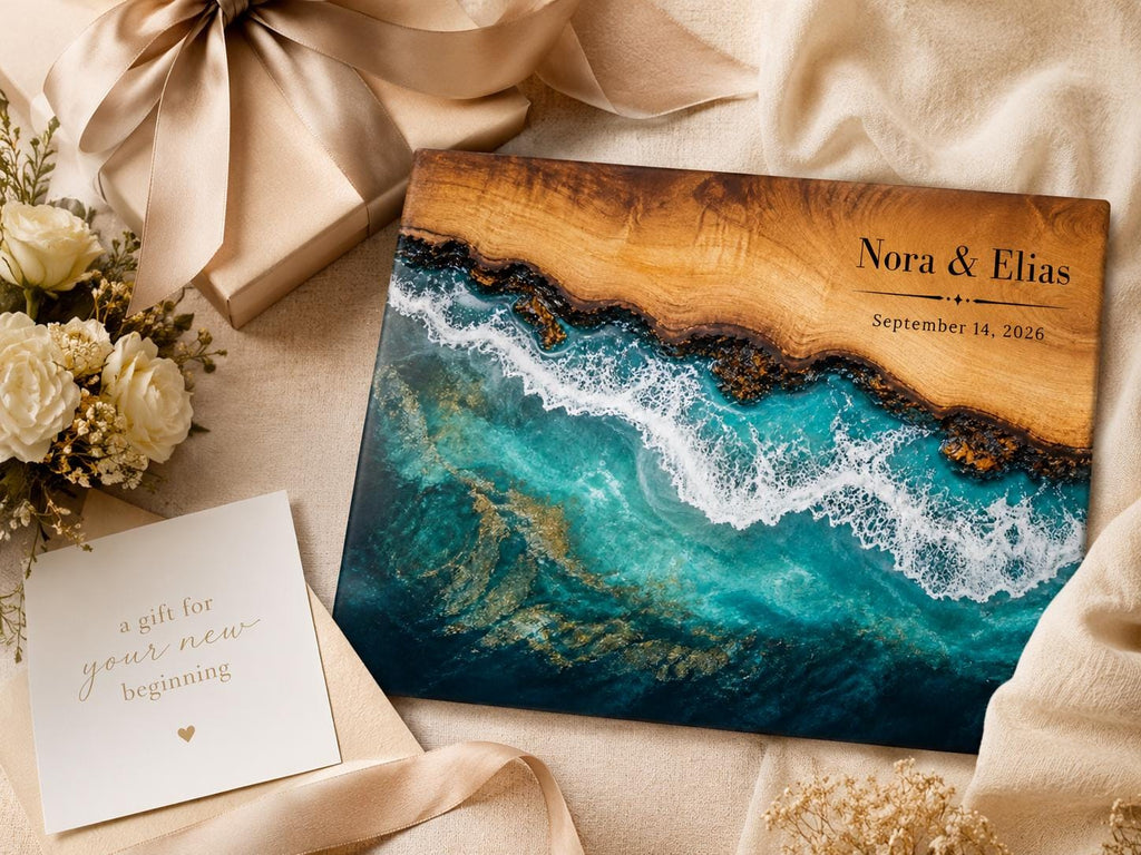 Personalized Beach Cutting Board, Ocean Wave Glass Board, Custom Couple Kitchen Gift
