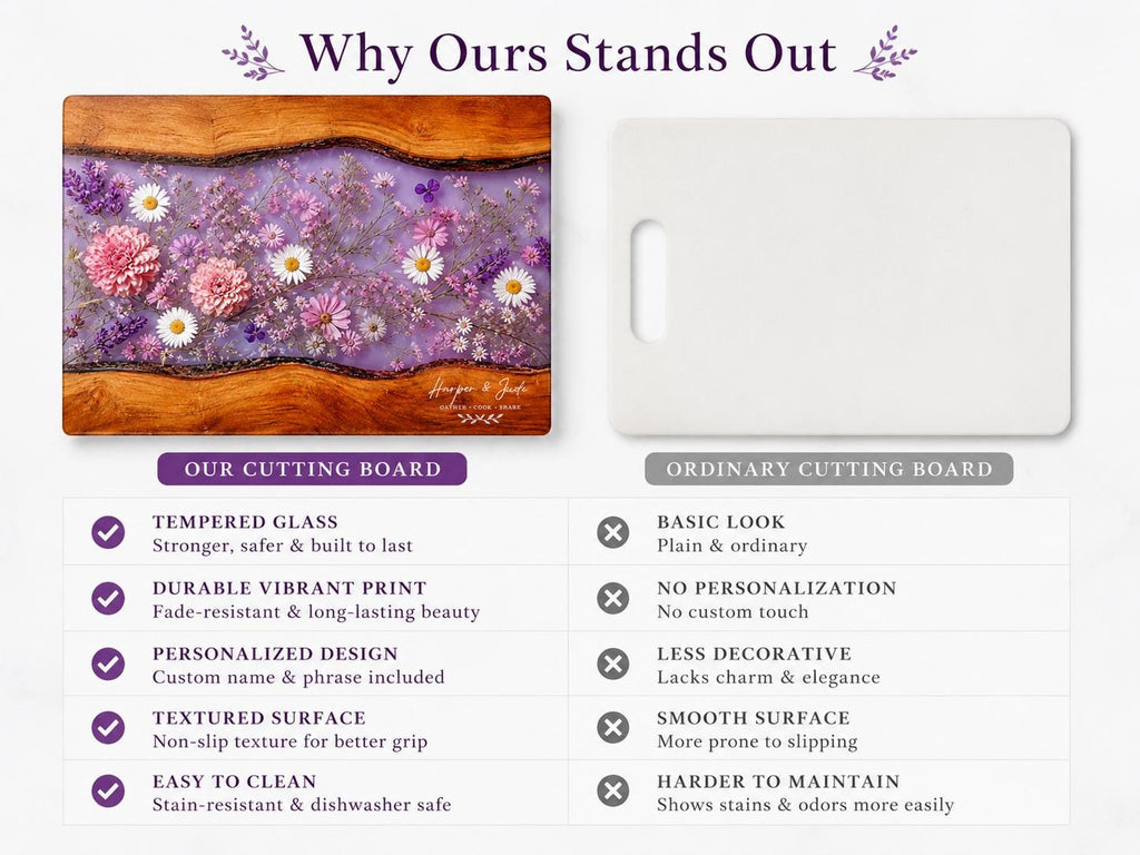 Personalized Floral Cutting Board, Purple Wildflower Glass Board, Custom Kitchen Gift for Housewarming