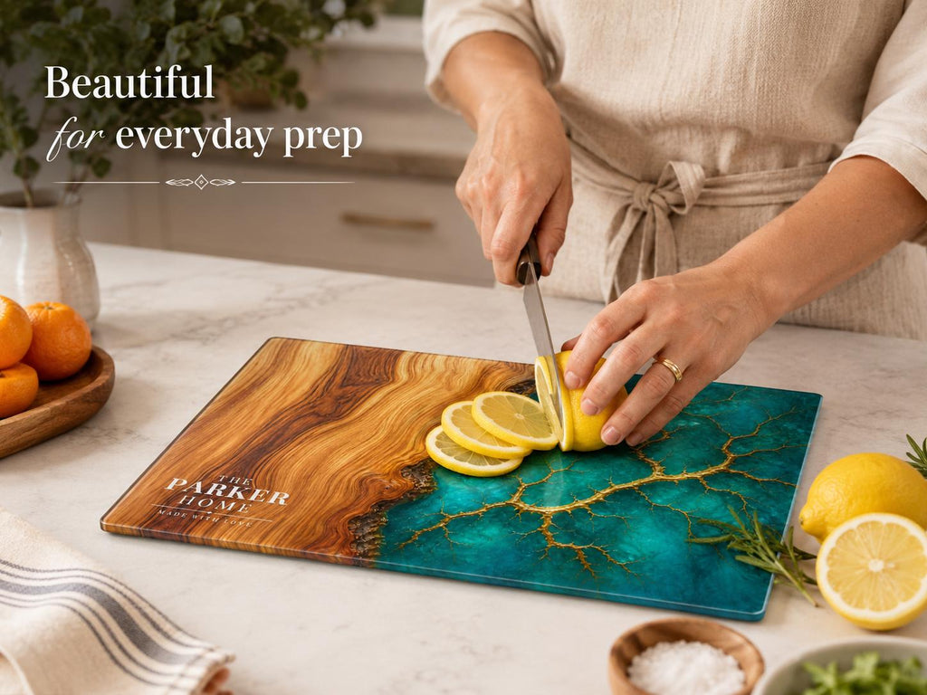 Personalized Glass Charcuterie Board, Teal Wood Look Serving Board, Custom Cheese Board Gift for Wedding or Housewarming