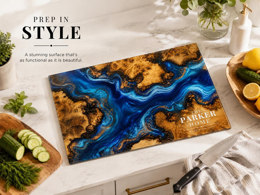 Custom Cutting Board: Blue Resin Look - Personalized Couple Names