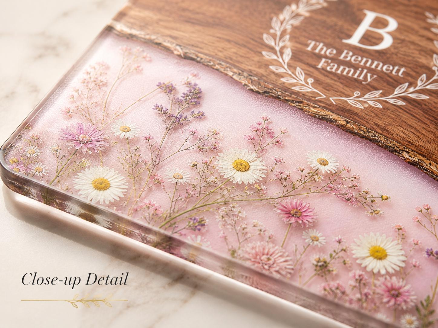 Personalized Family Monogram Serving Board, Pink Wildflower Glass Board, Custom Housewarming Gift