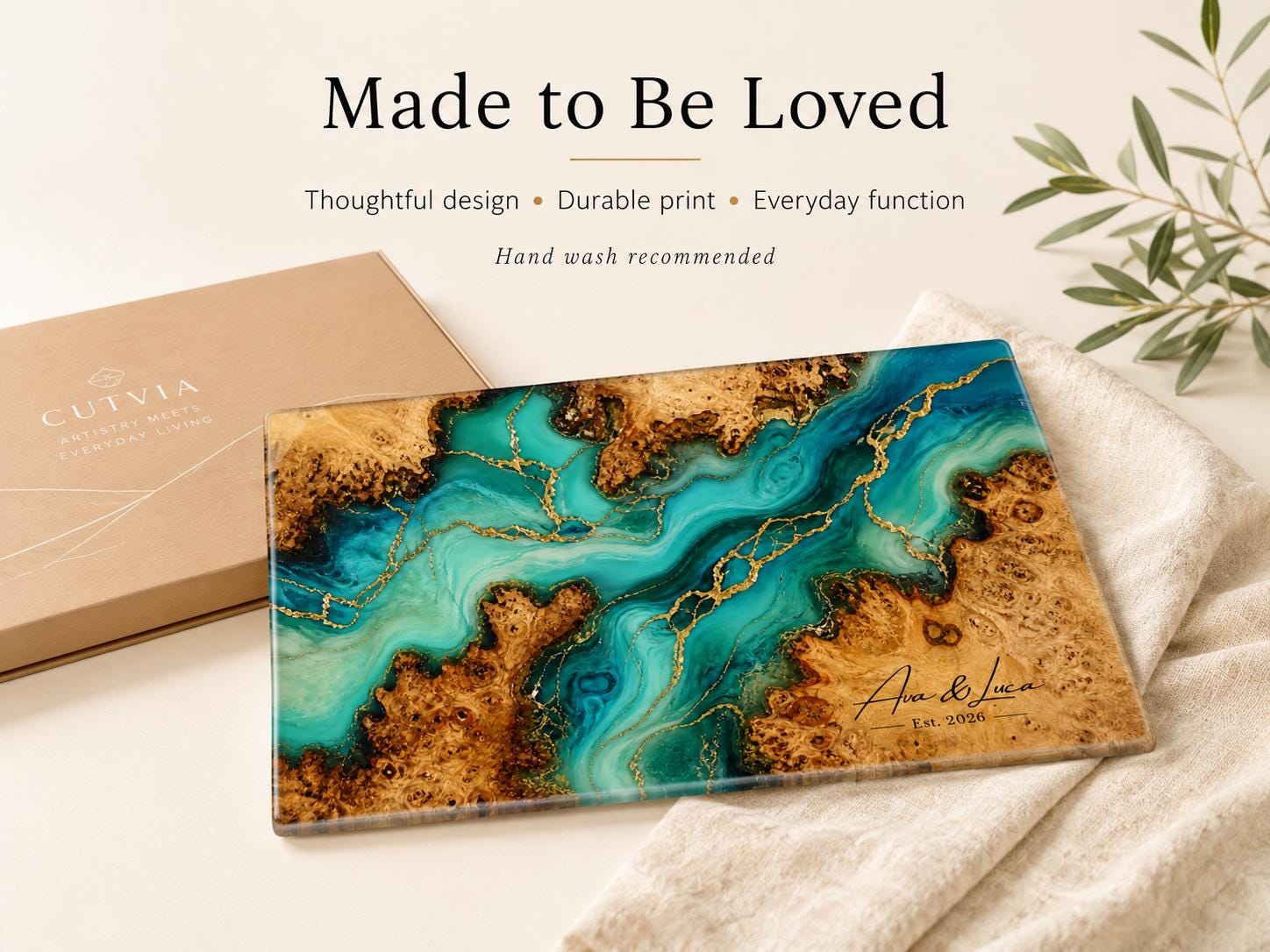 Custom Serving Board, Teal Gold Charcuterie Board, Personalized Kitchen Gift for Couple