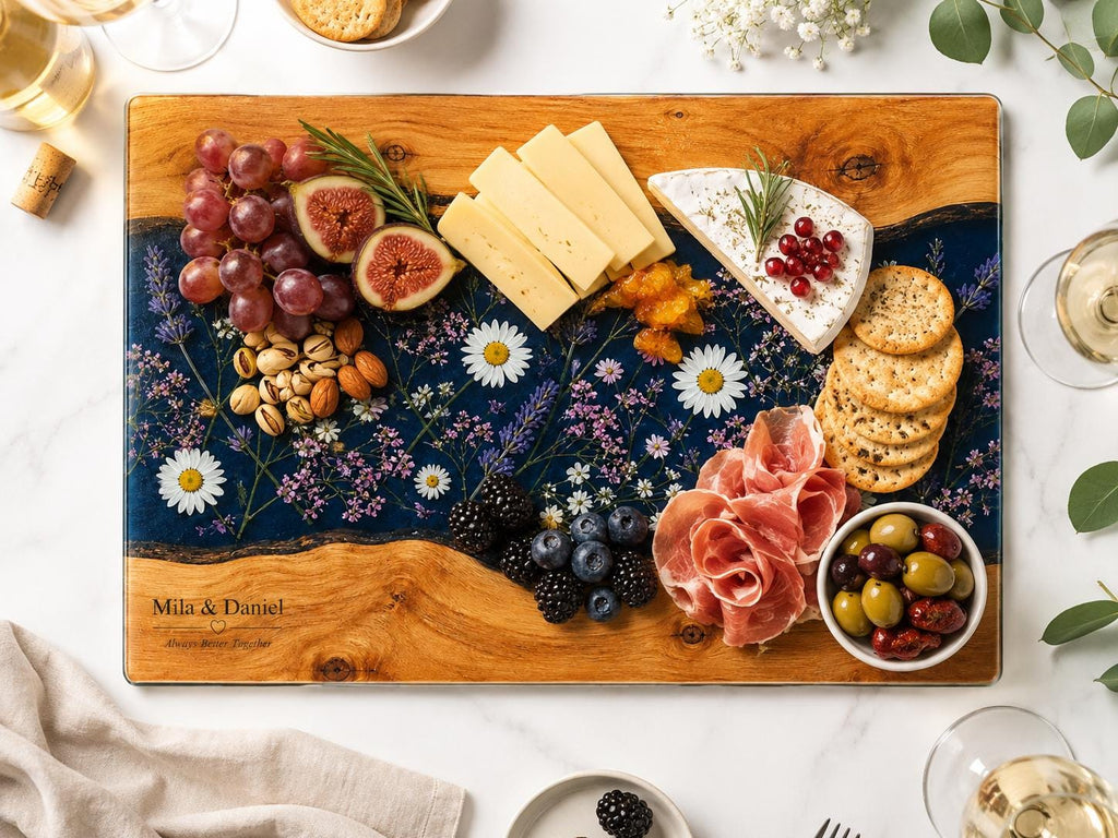 Personalized Glass Cutting Board, Blue Resin & Wood Design (8x11 or 11x15)