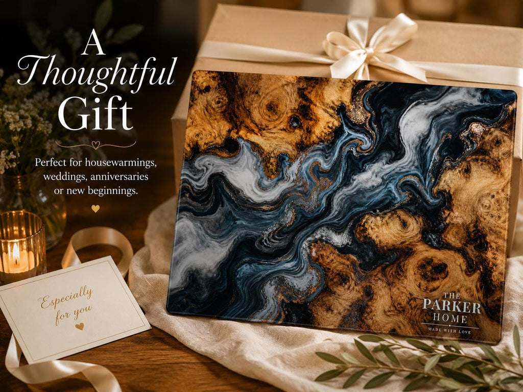 Personalized Glass Cutting Board: Blue Resin Look with Gold Accents