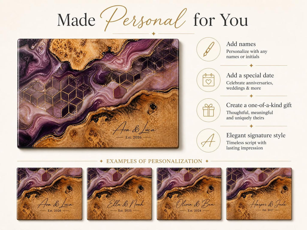 Personalized Glass Cutting Board, Purple Geode Kitchen Decor, Custom Couple Name Board, Wedding or Anniversary Gift
