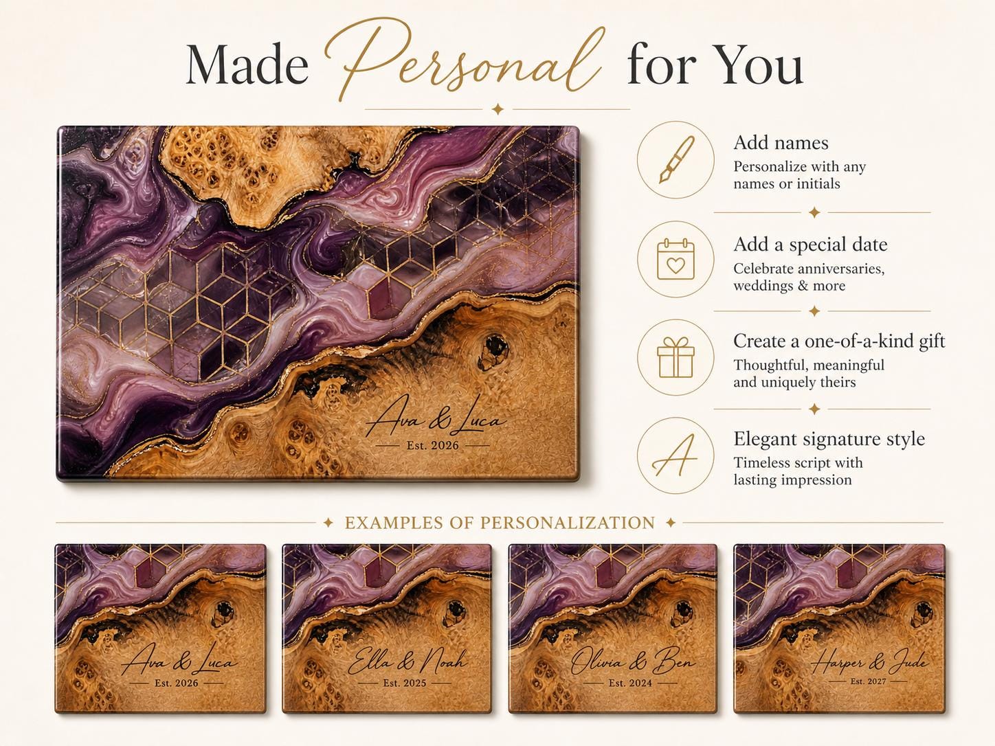 Personalized Glass Cutting Board, Purple Geode Kitchen Decor, Custom Couple Name Board, Wedding or Anniversary Gift