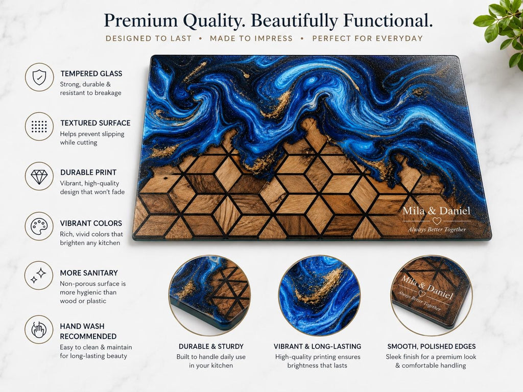 Custom Glass Cutting Board: Blue Resin Style - Names and Dates Included