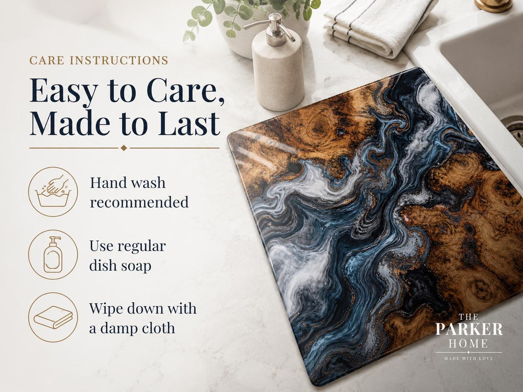 Personalized Glass Cutting Board: Blue Resin Look with Gold Accents