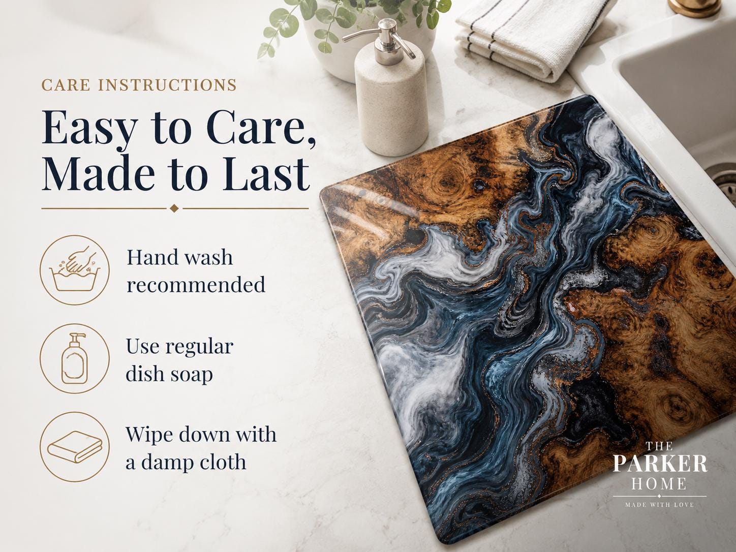Personalized Glass Cutting Board: Blue Resin Look with Gold Accents