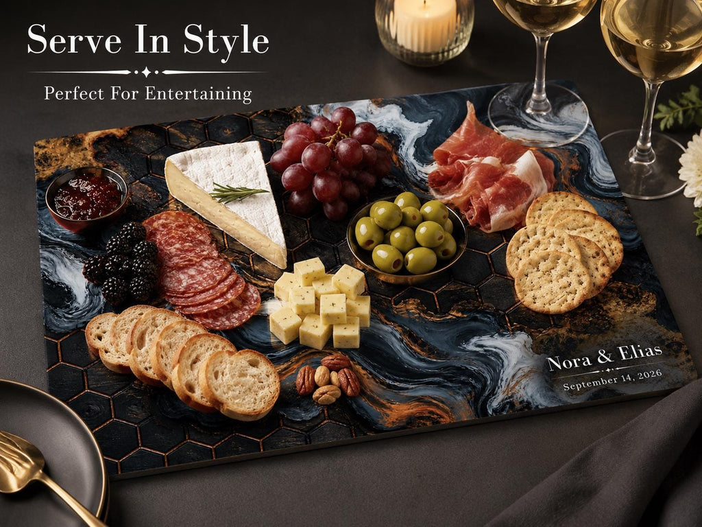 Custom Glass Cutting Board - Blue Resin Style with Gold Detail