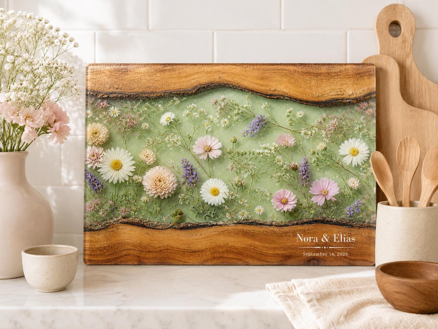 Personalized Cutting Board, Sage Floral Chopping Board, Housewarming Gift