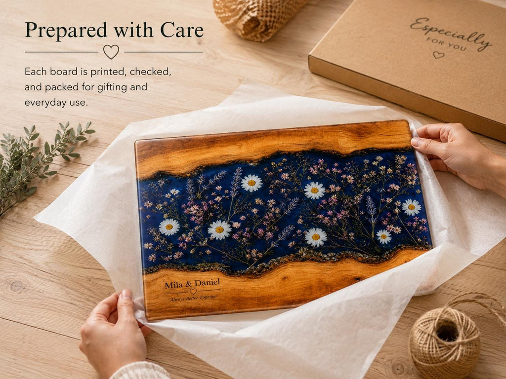 Personalized Glass Cutting Board: Blue Resin Look with Gold Accents