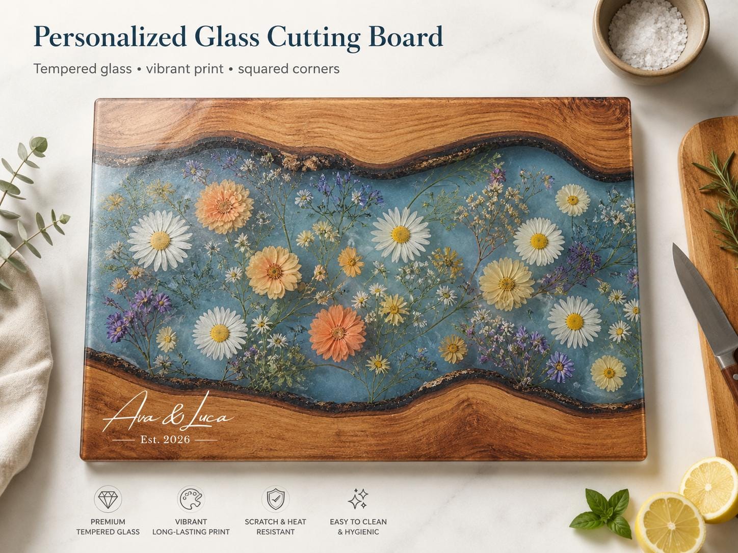 Personalized Floral Cutting Board, Botanical Charcuterie Board, Spring Kitchen Gift, Custom Couples Names Cutting Board