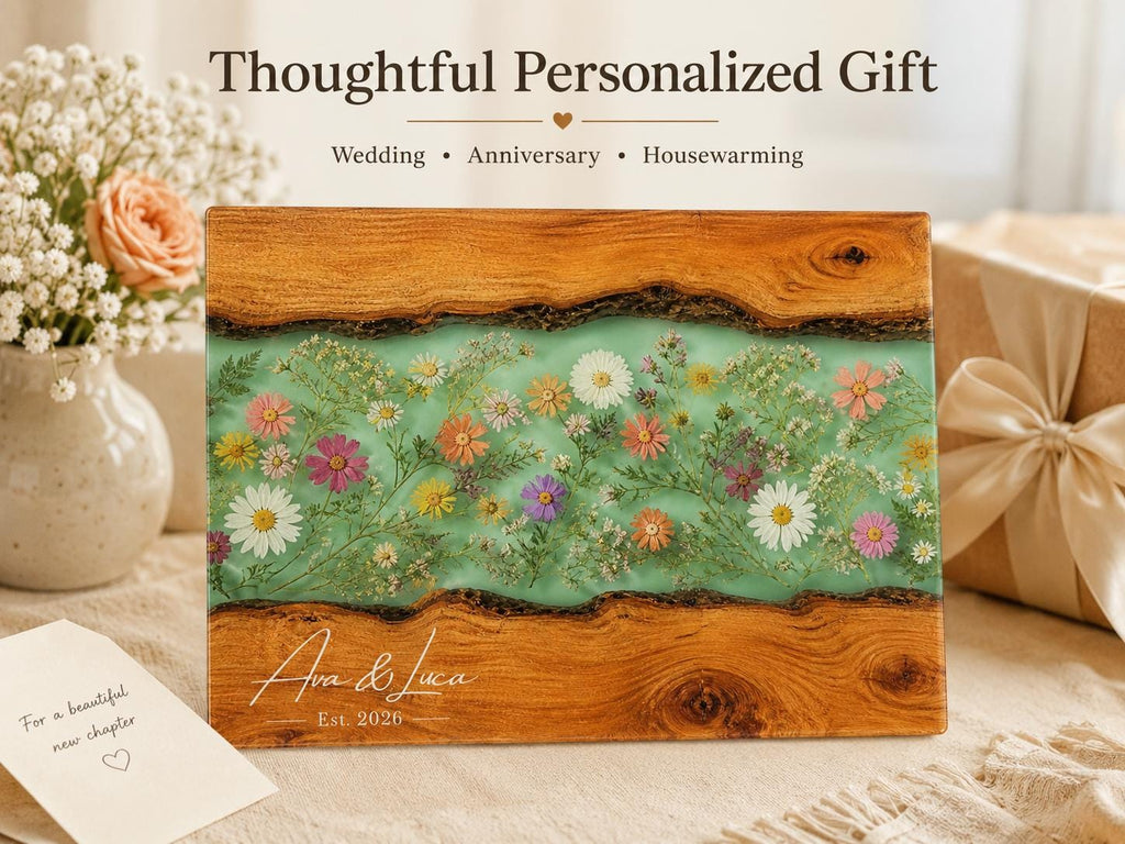 Custom Chopping Board with Names, Mint Floral Glass Cutting Board, Personalized Kitchen Gift