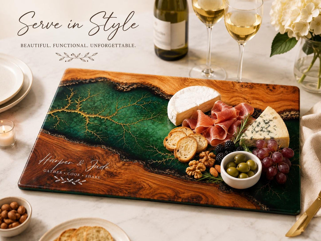 Custom Cutting Board: Blue Resin Style with Gold Accents - Personalized Gift