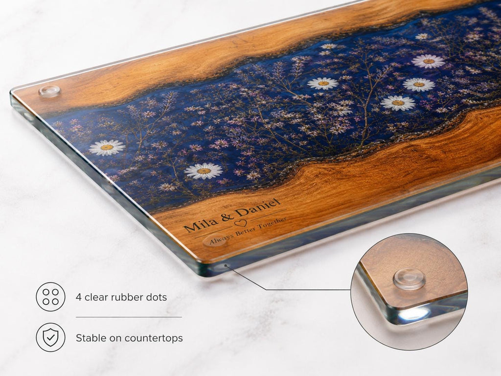 Personalized Glass Cutting Board: Blue Resin Look with Gold Accents