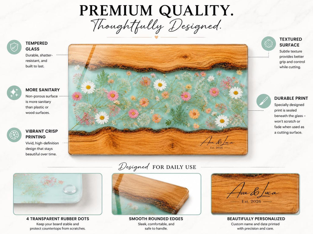 Personalized Glass Cutting Board: Blue Resin Look with Gold Accents