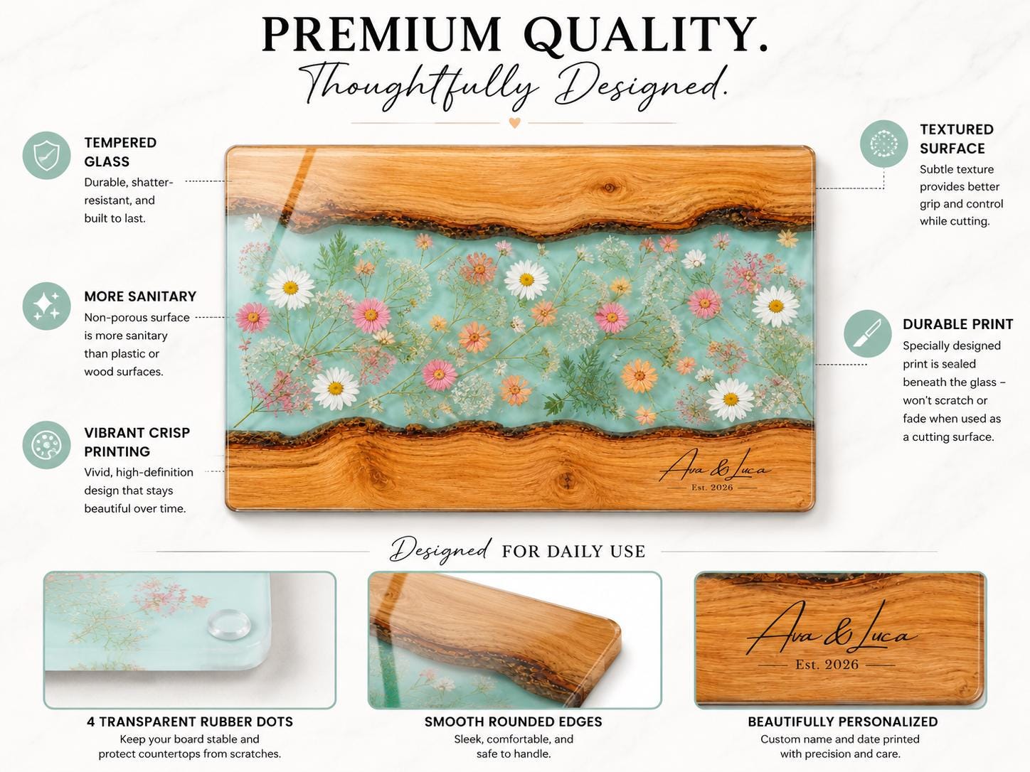 Personalized Glass Cutting Board: Blue Resin Look with Gold Accents