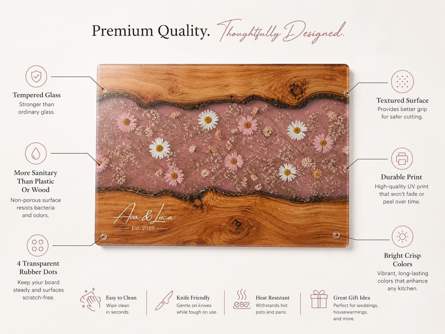Custom Cutting Board: Blue Resin Style - Tempered Glass, Personalized Names