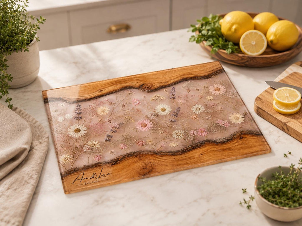 Glass Cutting Board: Custom Blue Resin Design (Personalized Kitchen Decor)