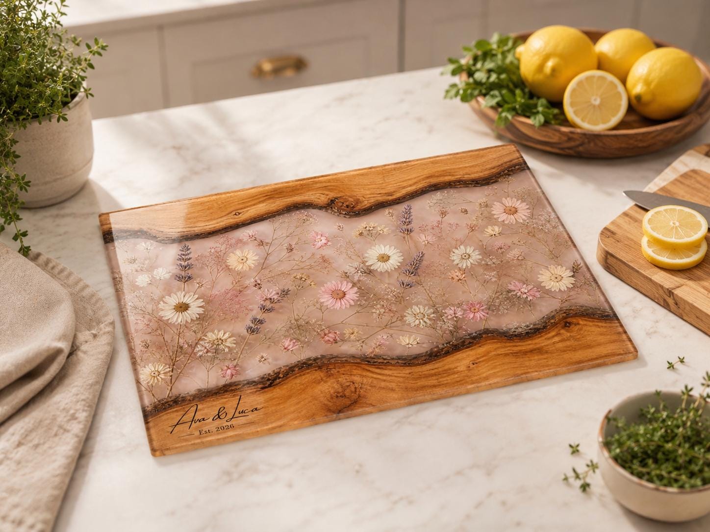 Glass Cutting Board: Custom Blue Resin Design (Personalized Kitchen Decor)