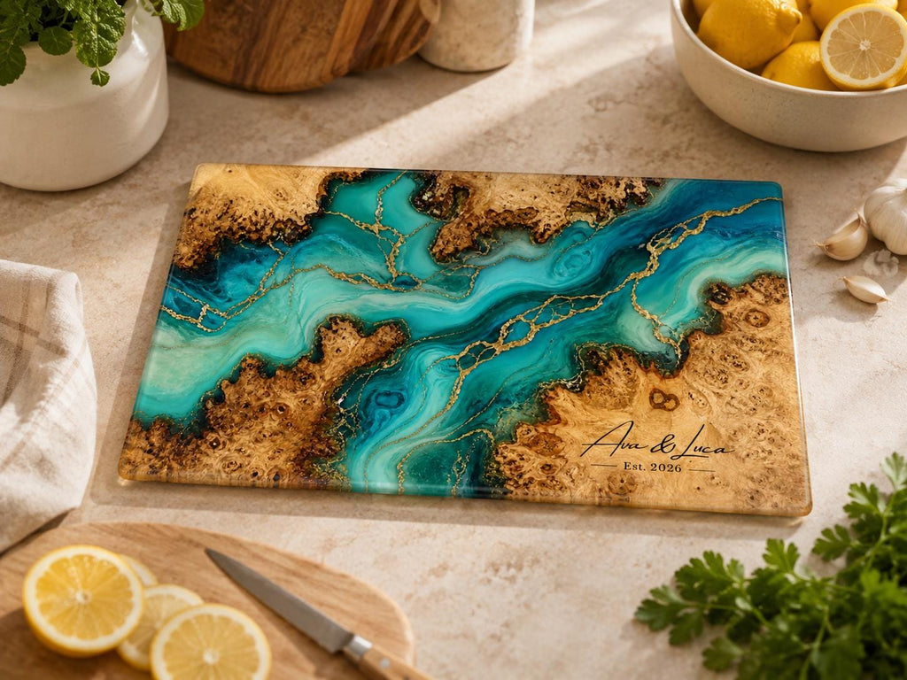 Custom Serving Board, Teal Gold Charcuterie Board, Personalized Kitchen Gift for Couple