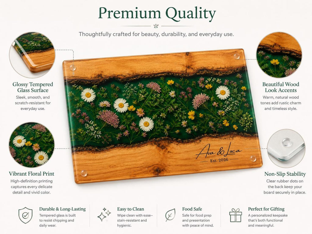 Custom Glass Cutting Board: Blue Resin Style - Personalized Names Included