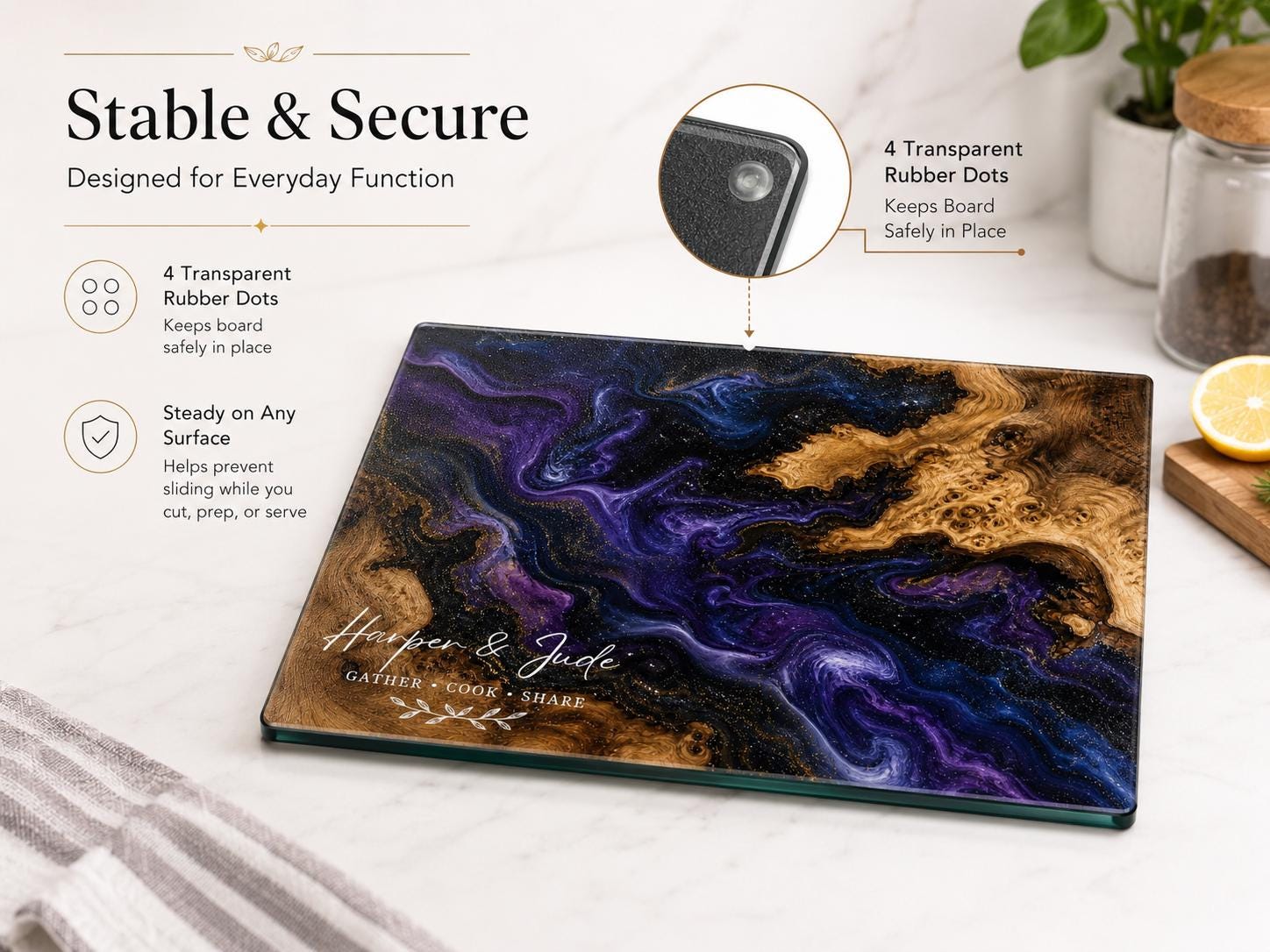 Glass Cutting Board: Personalized Blue Resin Style (Wedding or Housewarming)