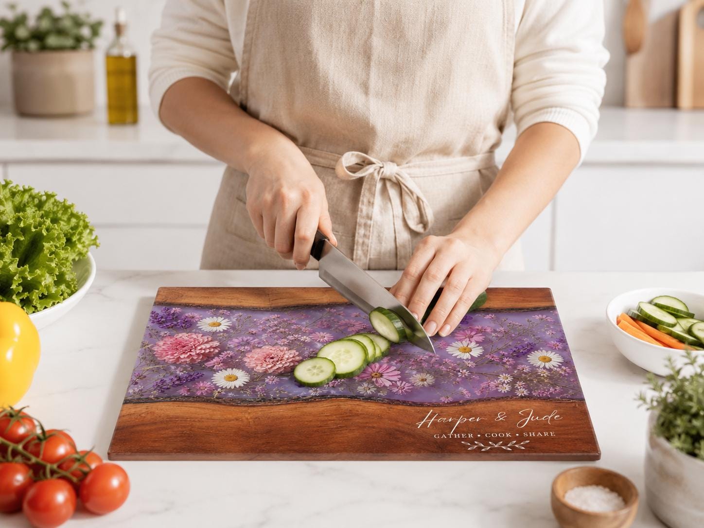 Personalized Floral Cutting Board, Purple Wildflower Glass Board, Custom Kitchen Gift for Housewarming