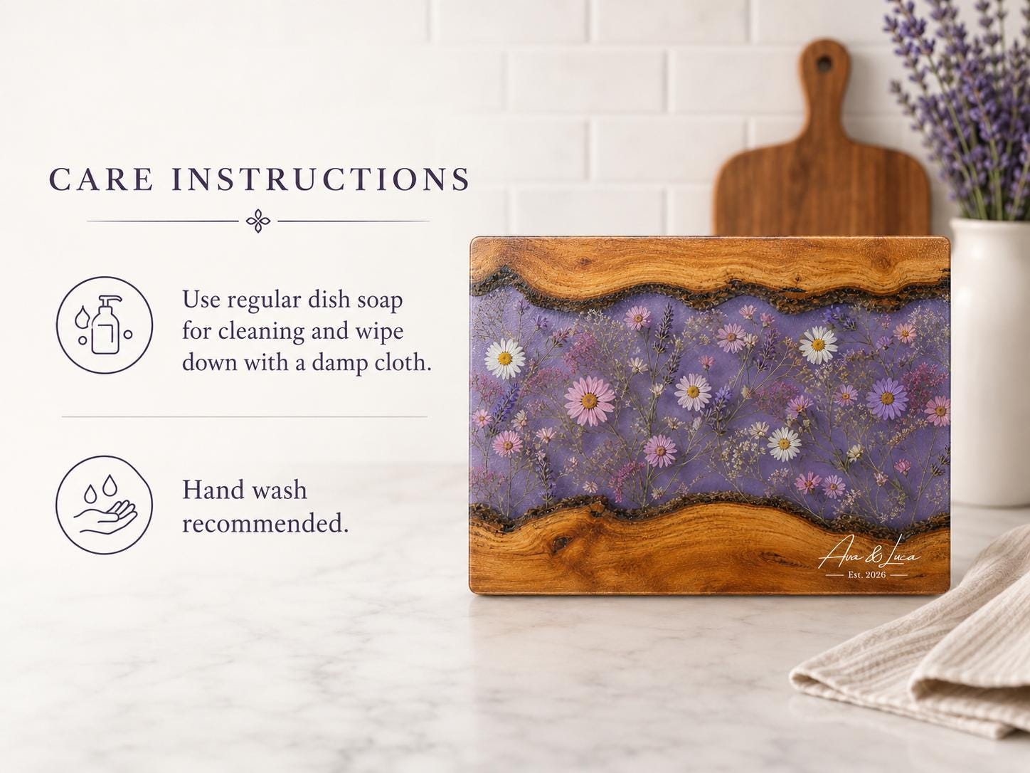 Glass Charcuterie Board - Custom Names, Blue and Wood Grain Design