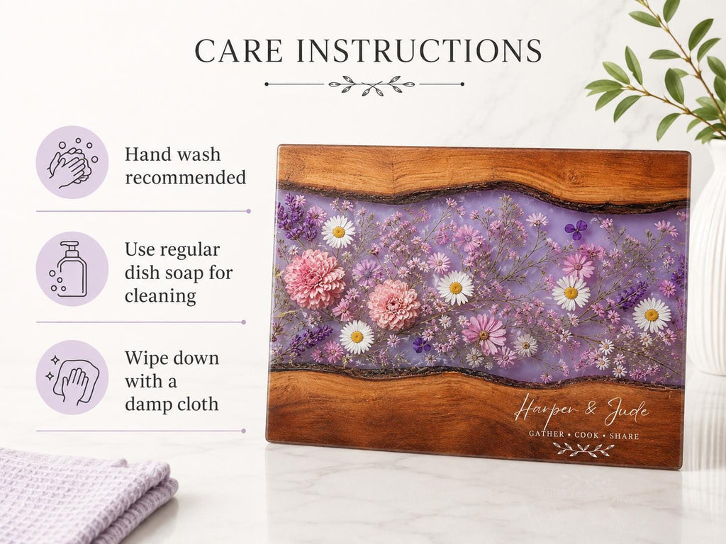 Personalized Floral Cutting Board, Purple Wildflower Glass Board, Custom Kitchen Gift for Housewarming