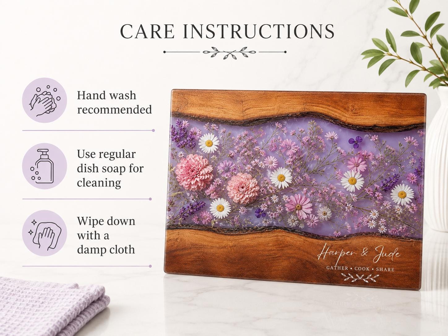 Personalized Floral Cutting Board, Purple Wildflower Glass Board, Custom Kitchen Gift for Housewarming