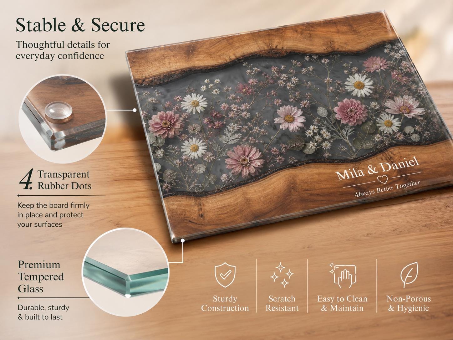 Personalized Floral Cutting Board, Dark Wildflower Glass Board, Custom Couple Kitchen Gift