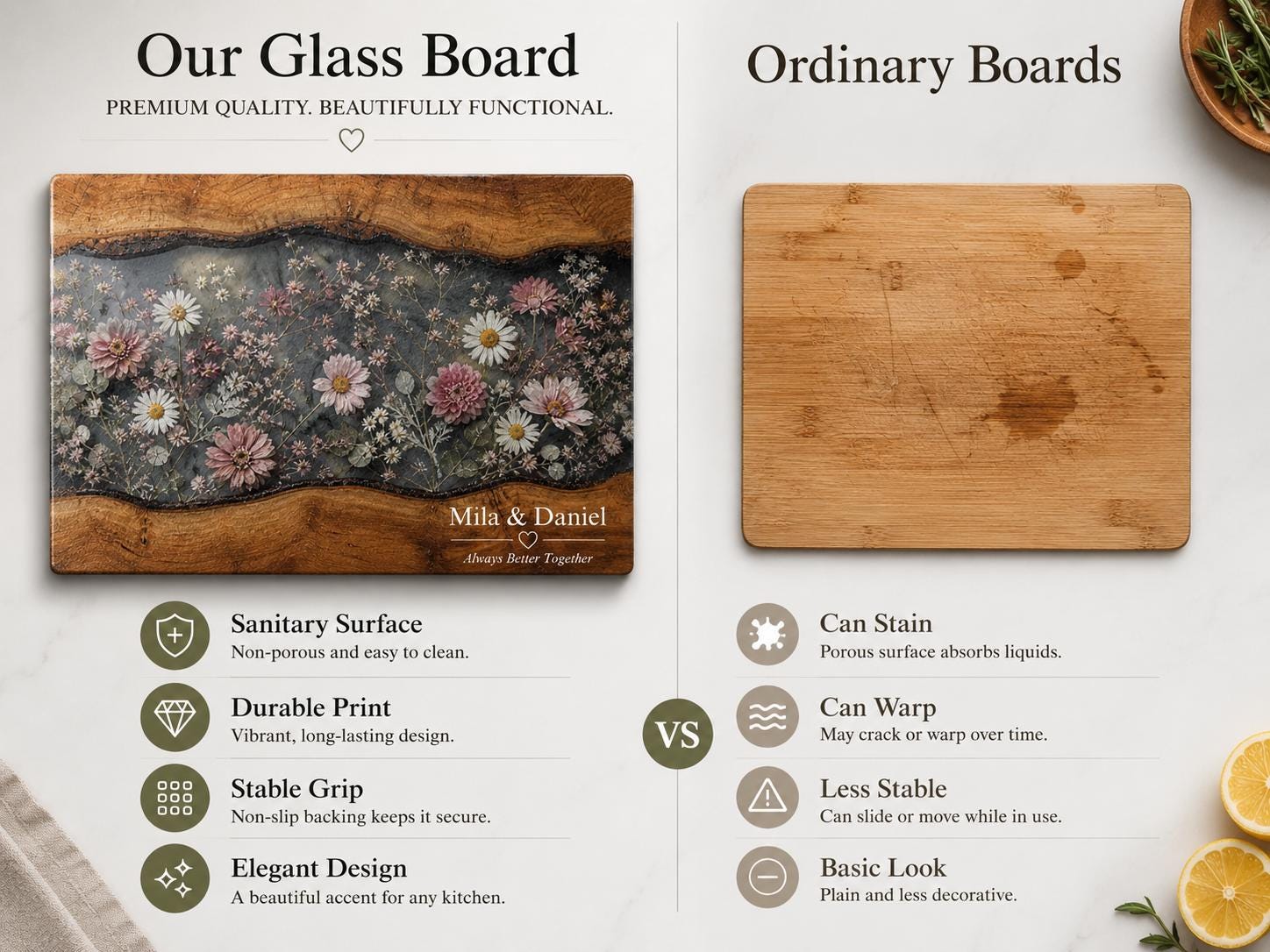 Personalized Floral Cutting Board, Dark Wildflower Glass Board, Custom Couple Kitchen Gift