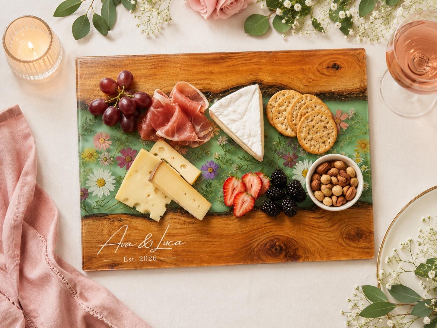 Custom Chopping Board with Names, Mint Floral Glass Cutting Board, Personalized Kitchen Gift