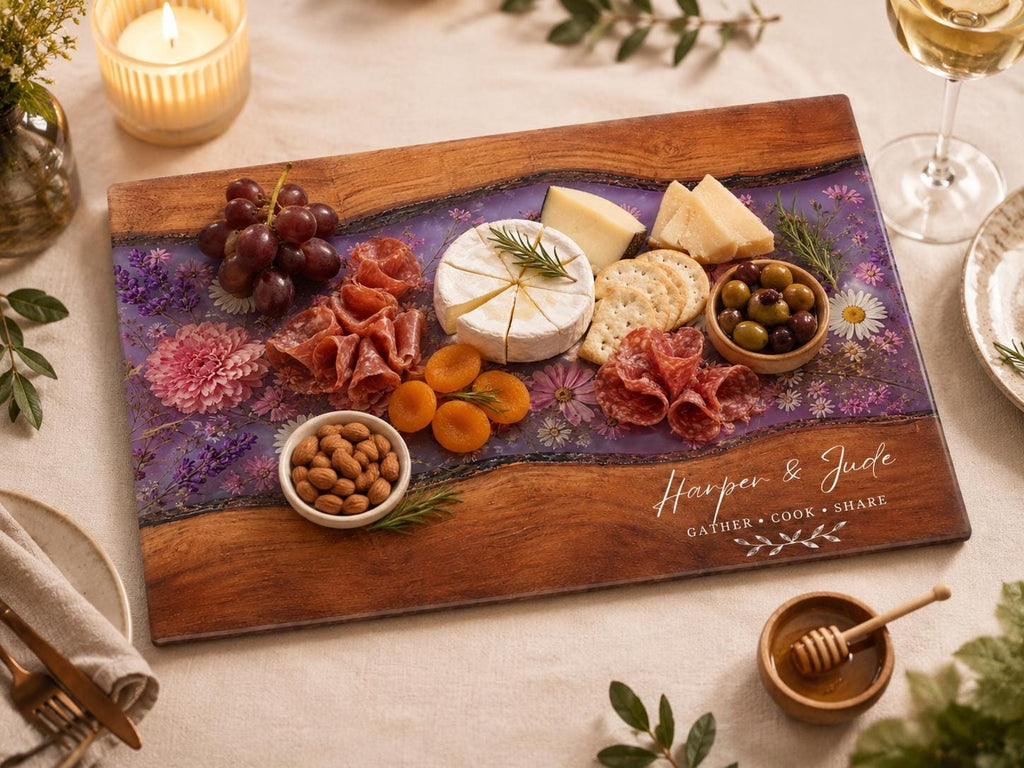 Personalized Floral Cutting Board, Purple Wildflower Glass Board, Custom Kitchen Gift for Housewarming