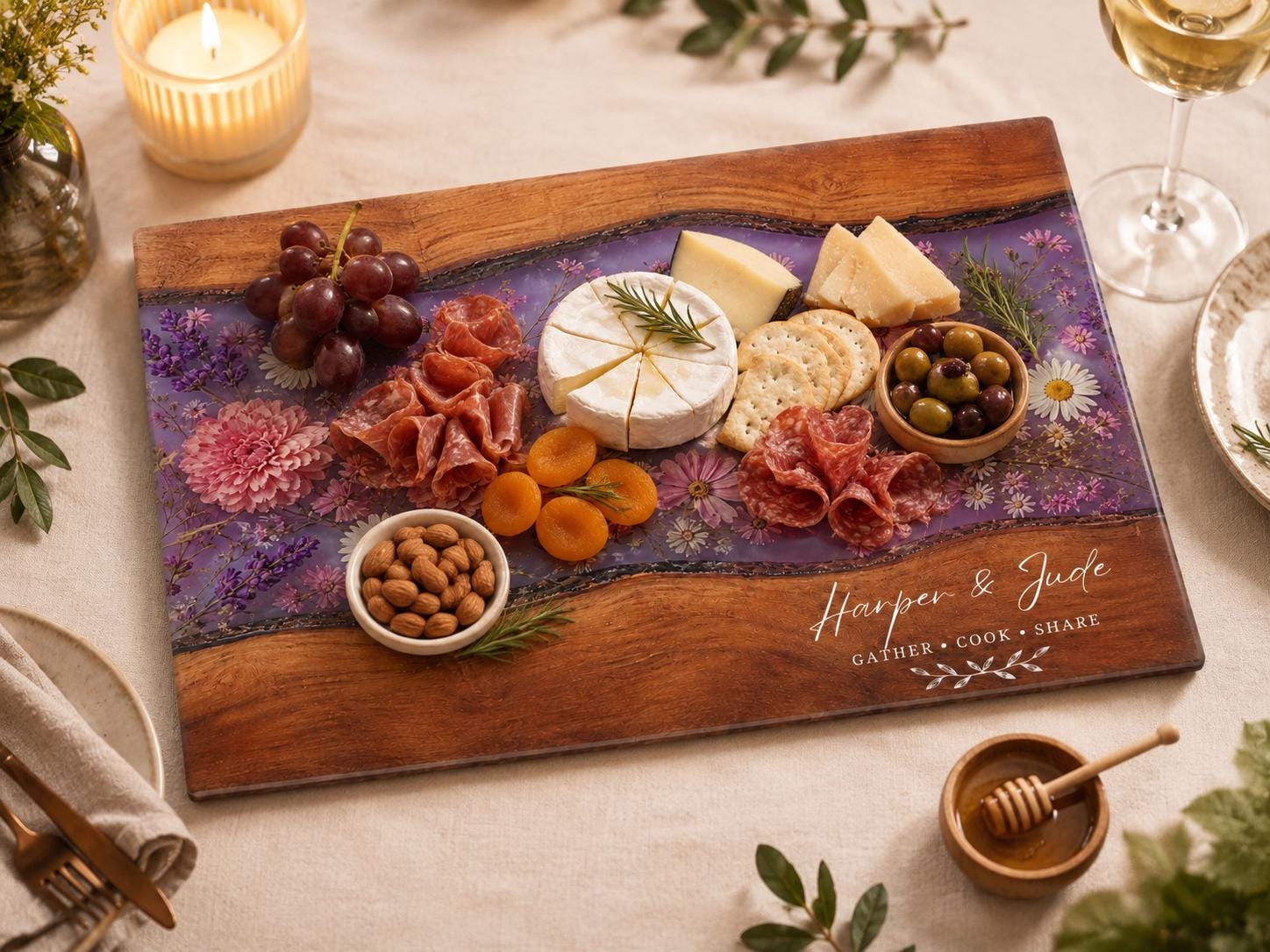 Personalized Floral Cutting Board, Purple Wildflower Glass Board, Custom Kitchen Gift for Housewarming