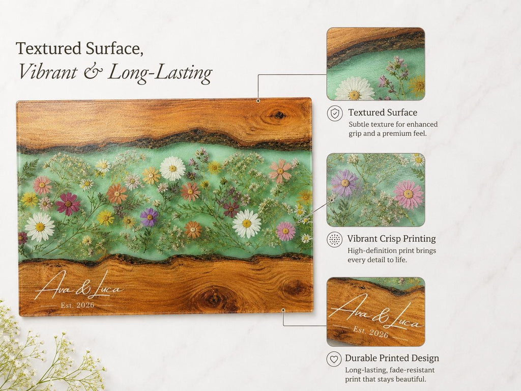 Custom Chopping Board with Names, Mint Floral Glass Cutting Board, Personalized Kitchen Gift