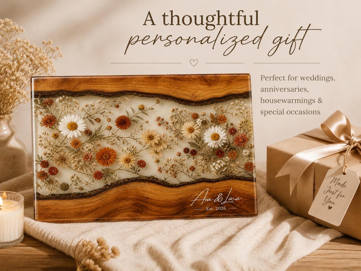 Personalized Floral Cutting Board, Custom Wood Chopping Board, Wildflower Charcuterie Board, Cheese Board Serving Tray