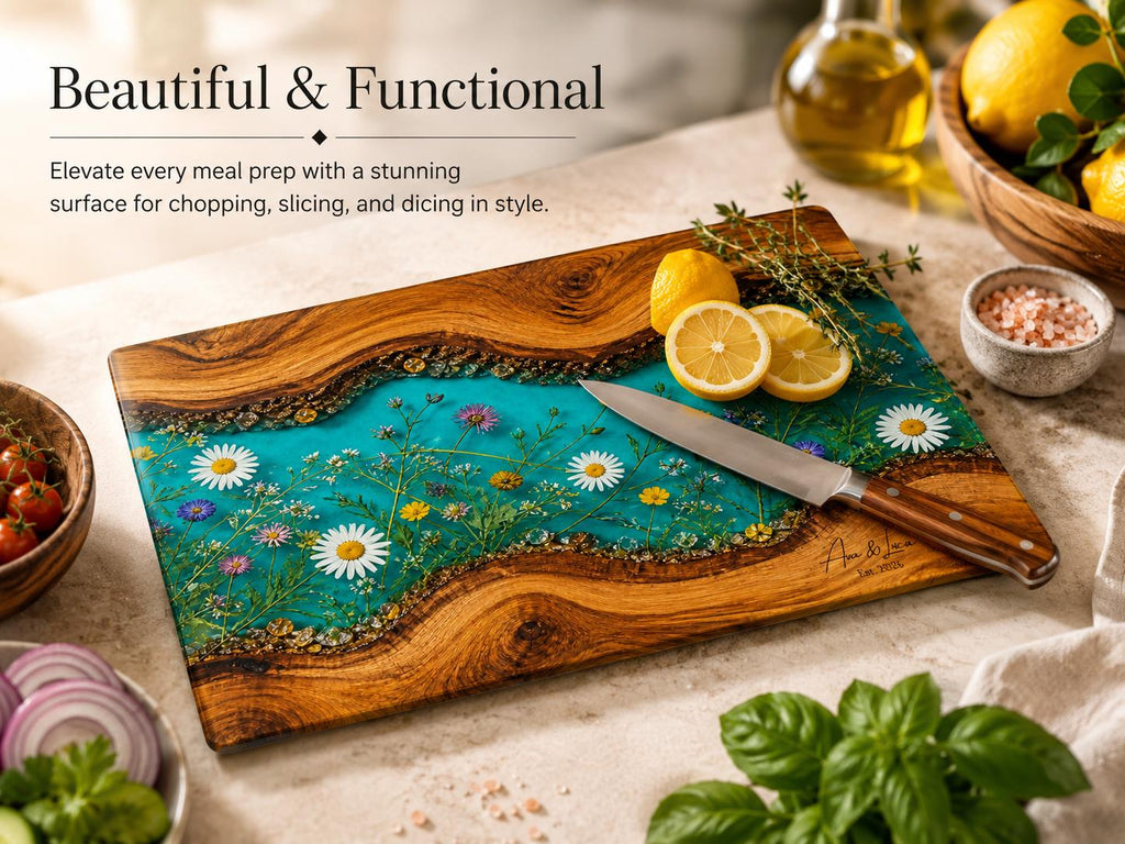 Personalized Turquoise Floral Glass Board, Custom Couple Cutting Board, Wildflower Kitchen Gift