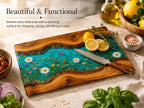 Personalized Turquoise Floral Glass Board, Custom Couple Cutting Board, Wildflower Kitchen Gift