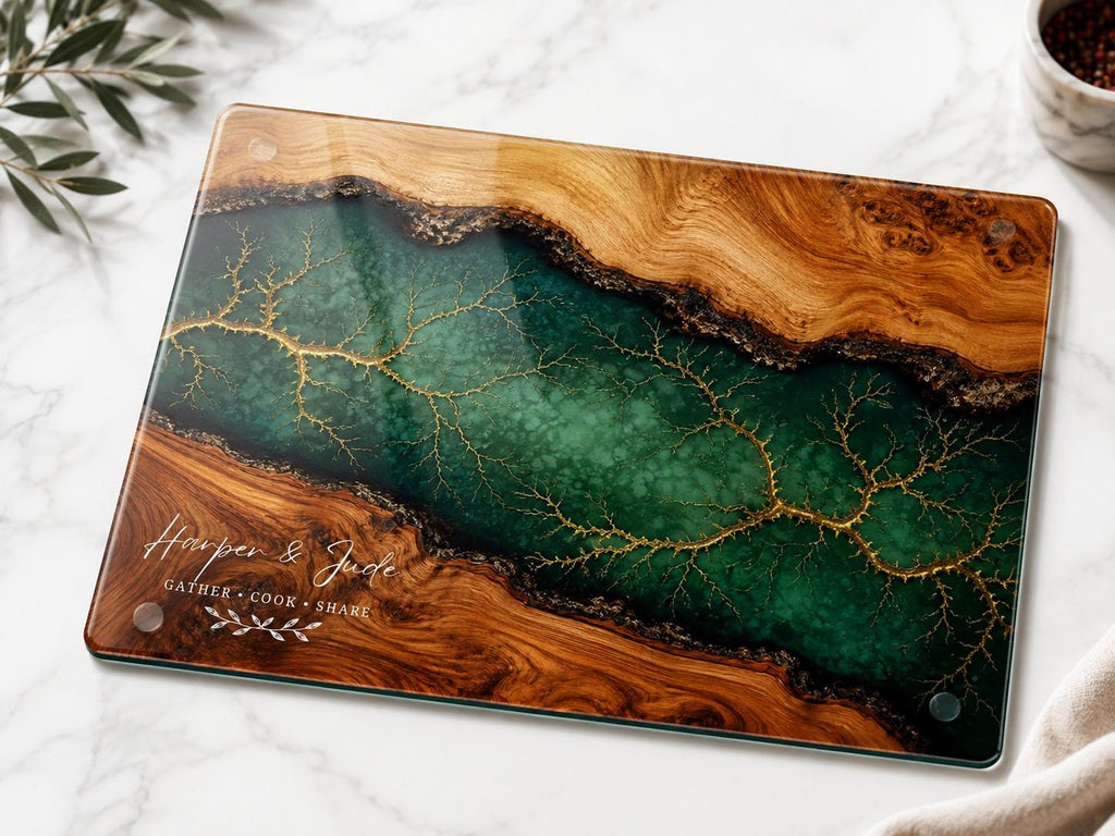 Custom Cutting Board: Blue Resin Style with Gold Accents - Personalized Gift