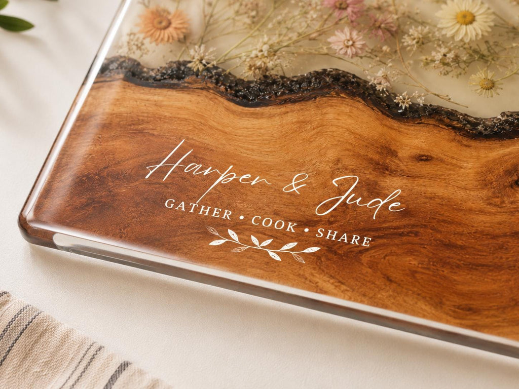 Couples Personalized Cutting Board, Blue Resin and Wood Grain (Custom Names)