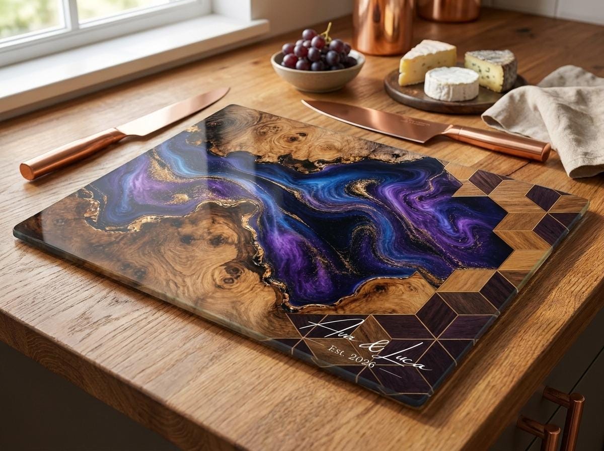 Personalized Glass Chopping Board, Blue Purple Resin River Look, Custom Family Name Kitchen Gift