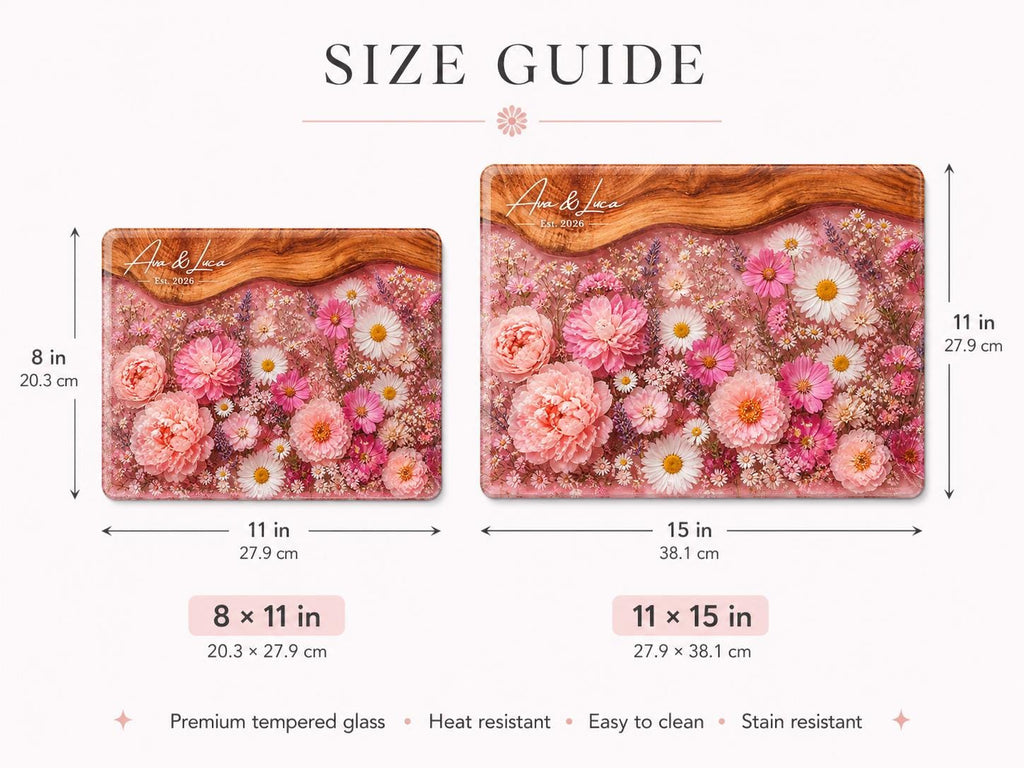 Personalized Floral Cutting Board, Pink Wildflower Glass Board, Custom Kitchen Gift