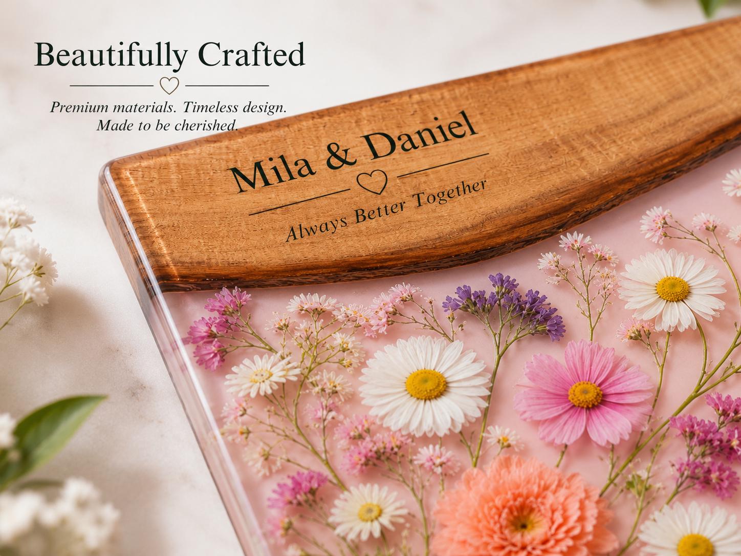 Personalized Floral Charcuterie Board, Pink Glass Serving Board, Custom Couple Cheese Board Gift